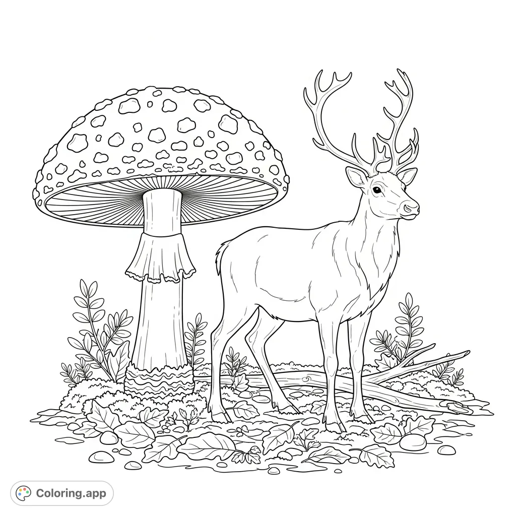 A whimsical Amanita mushroom stands alongside a majestic reindeer on a detailed forest floor, inviting colorists to bring this enchanting woodland scene to life.