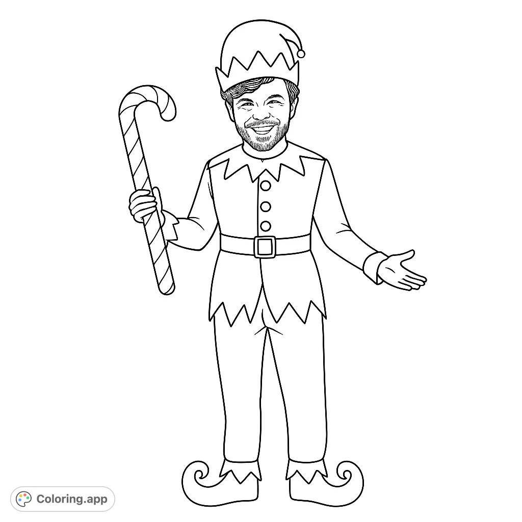 A joyful elf character in a festive costume holding a large candy cane, perfect for holiday season coloring. Great for spreading cheer and artistic expression.