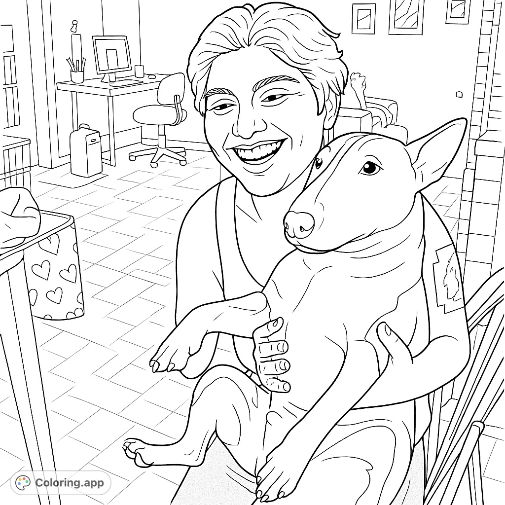 Capture joy with this Bull Terrier coloring page. A smiling person holds their dog in a cozy indoor setting, perfect for animal lovers.