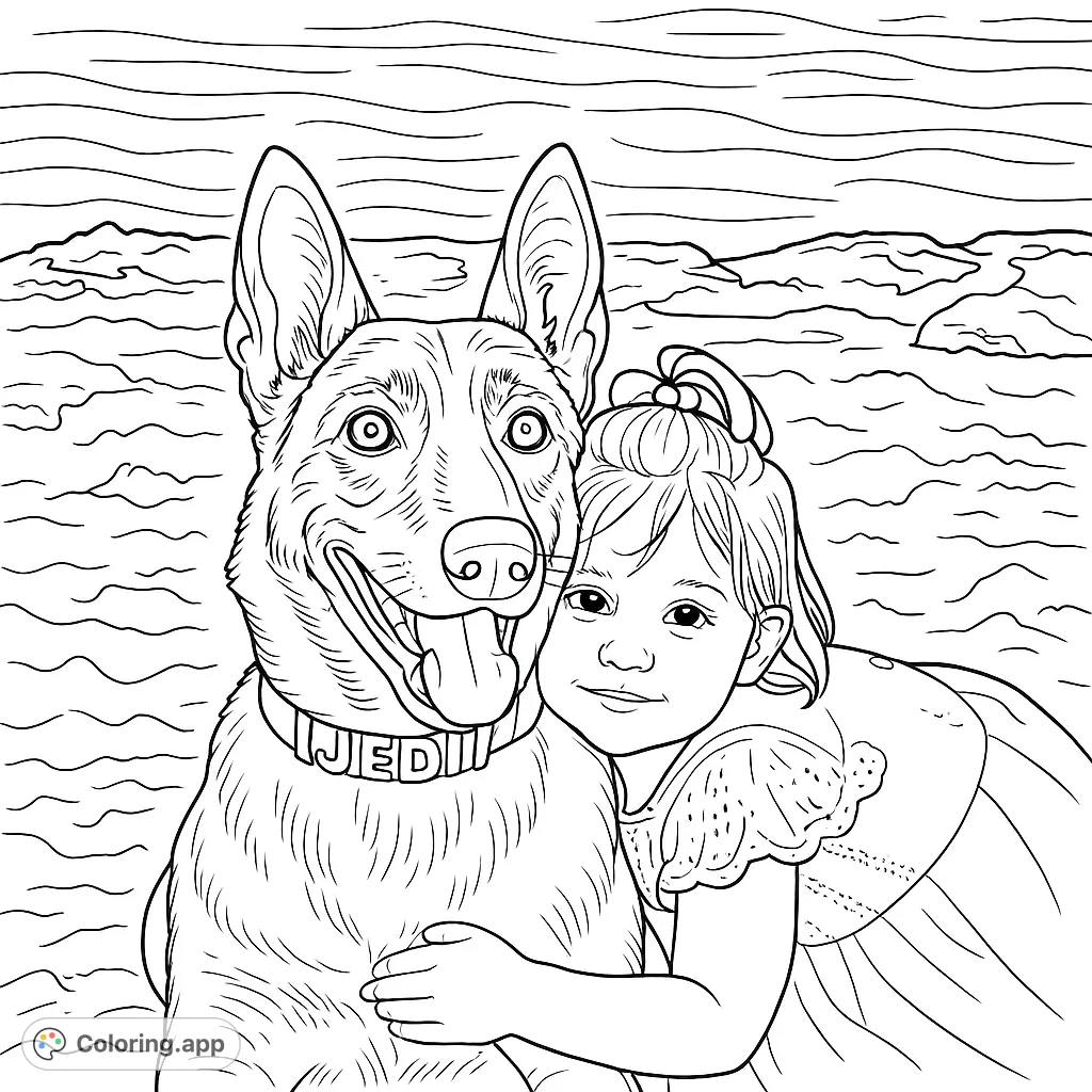 An endearing scene of a large dog and a small child sharing a heartwarming embrace on a sandy beach, with gentle ocean waves in the background.