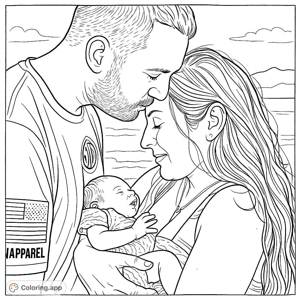 Capture the warmth of new parenthood with this intimate family coloring page. Features a loving couple embracing their newborn by the ocean. Perfect for celebrating family bonds.