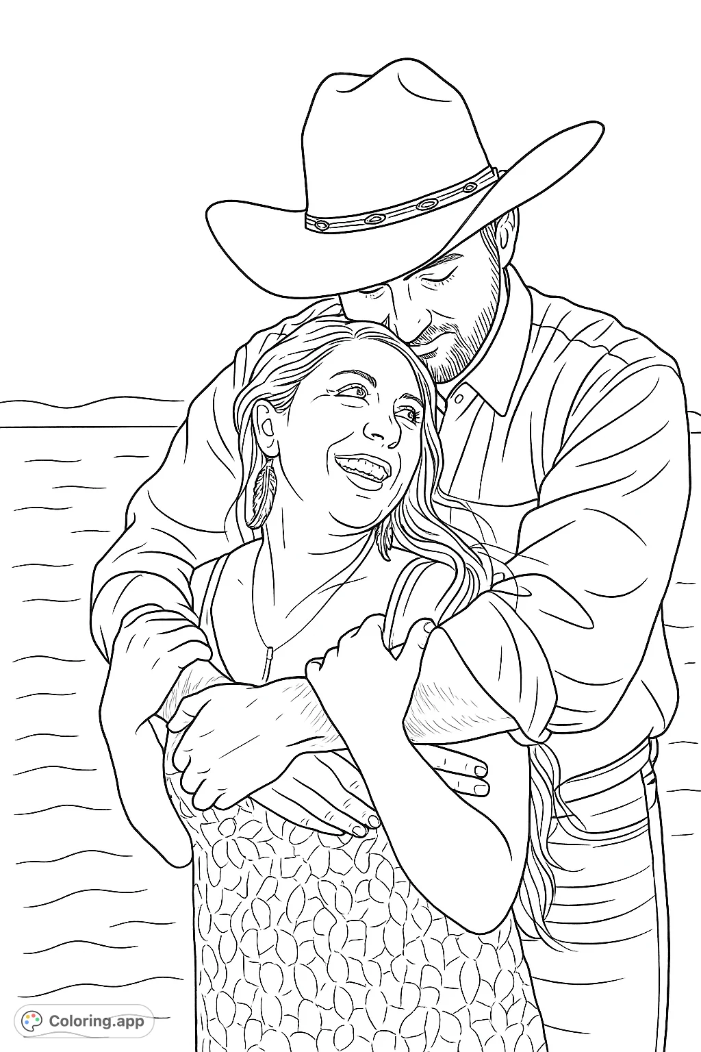 A heartfelt western romance scene featuring a couple in a tender embrace, with a man in a cowboy hat holding a smiling woman. Perfect for expressing affection.