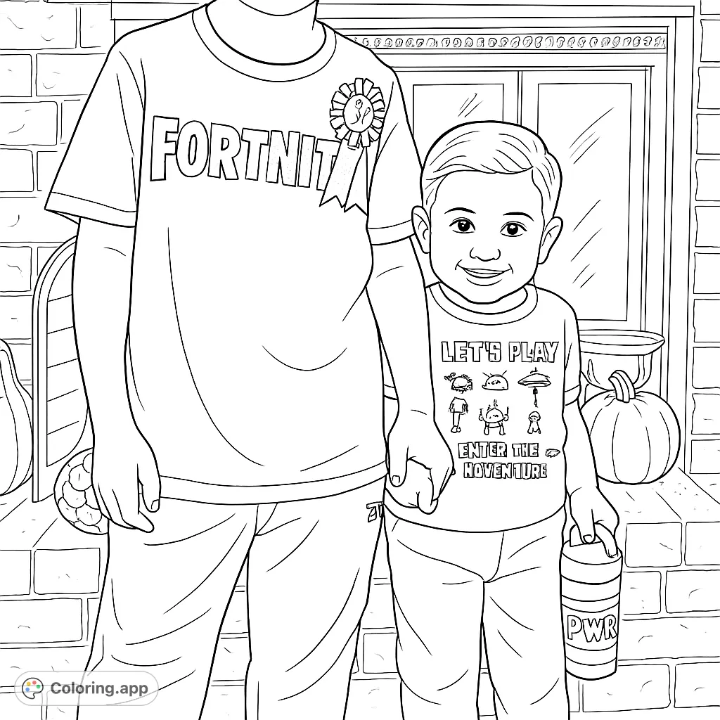 A heartwarming gaming brothers coloring page featuring two boys, one with a birthday badge and a Fortnite shirt, the other with a space adventure tee, ready for creative fun.