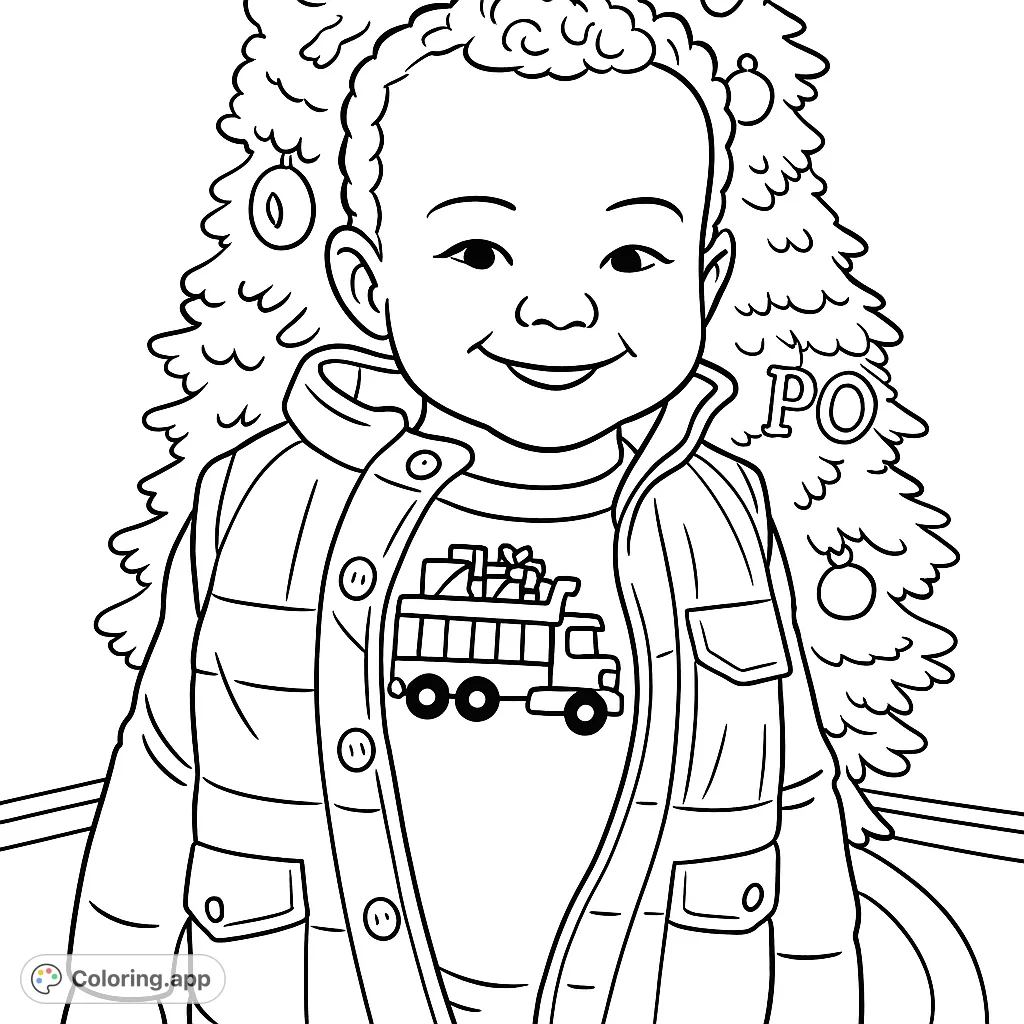 A joyful toddler in a festive vest and a truck-themed shirt smiles broadly in front of a decorated holiday tree, inviting a delightful coloring experience.
