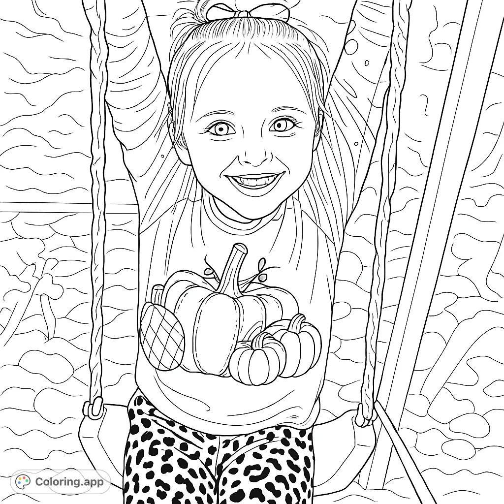 Capture the joy of a smiling child on a swing, adorned in a festive pumpkin-themed shirt. Perfect for autumn and playful moments.