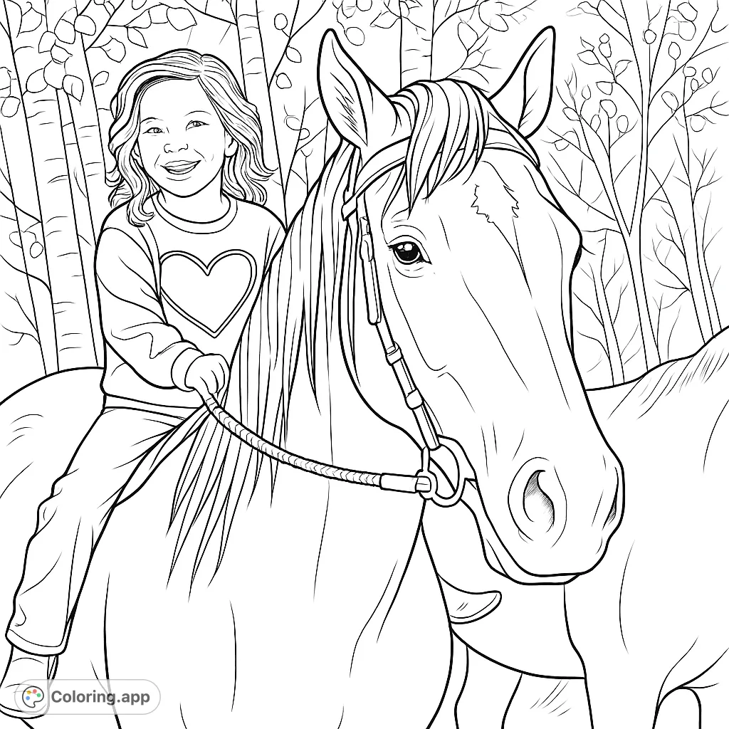 A heartwarming scene of a smiling child riding a majestic horse in a serene, wooded setting. Perfect for young adventurers and horse lovers.