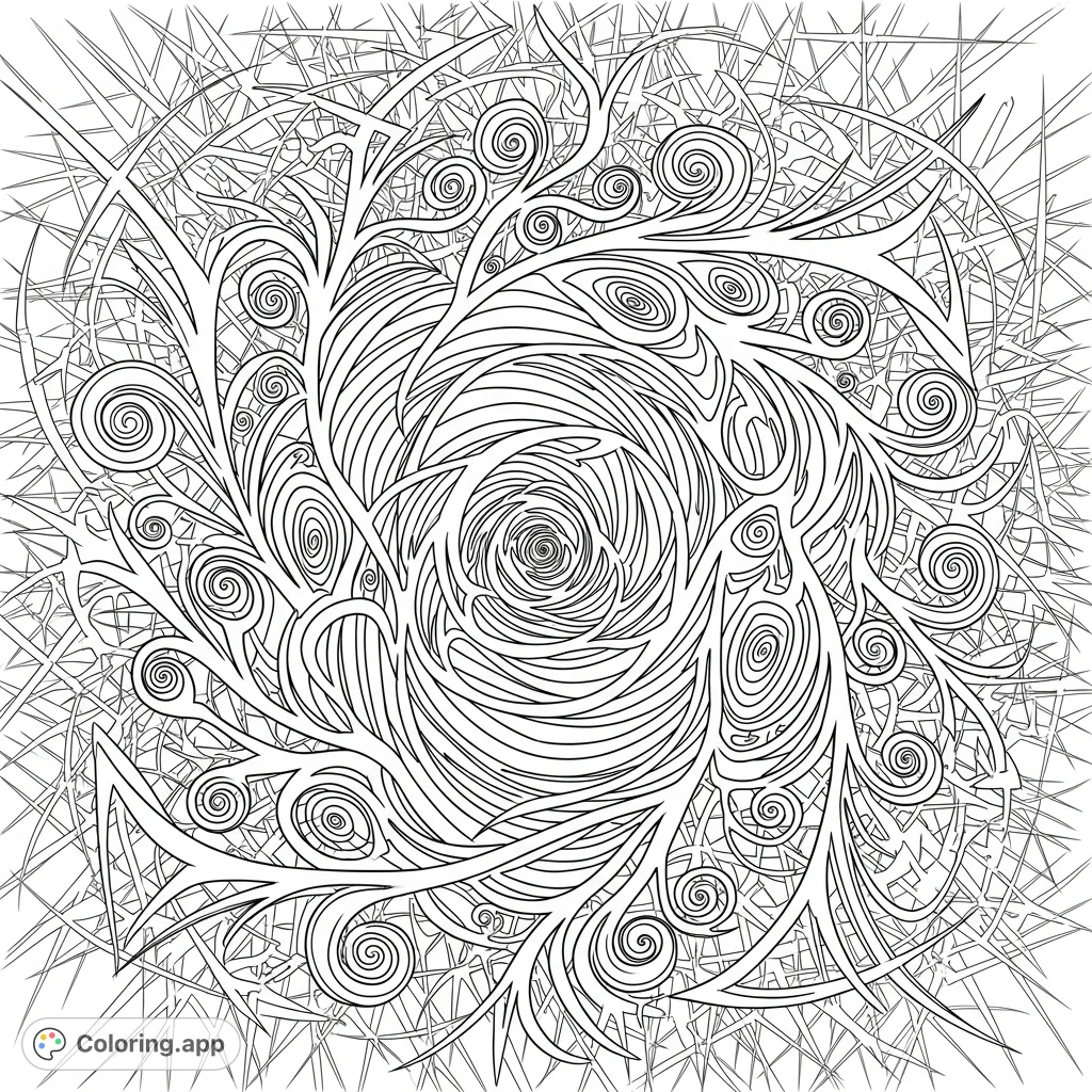 Dive into a mesmerizing abstract lines vortex coloring page, featuring intricate swirling patterns and chaotic lines for a unique creative challenge.