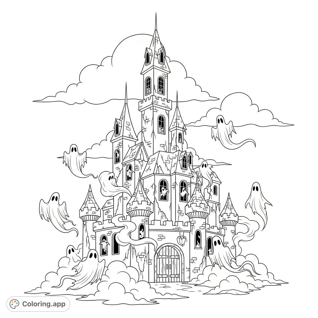Explore a mysterious haunted castle shrouded in spooky fog with ethereal ghosts, offering a captivating fantasy ghost castle coloring page experience.