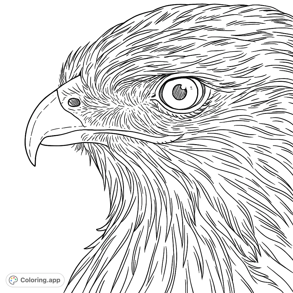 Capture the intense gaze and intricate feather detail of a magnificent hawk in this detailed bird of prey coloring page, perfect for nature enthusiasts.