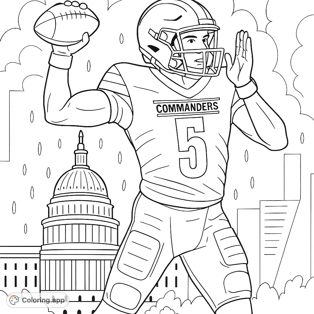 A dynamic football player in uniform with number '5' poised to throw, set against the iconic backdrop of a domed capitol building and city skyline.