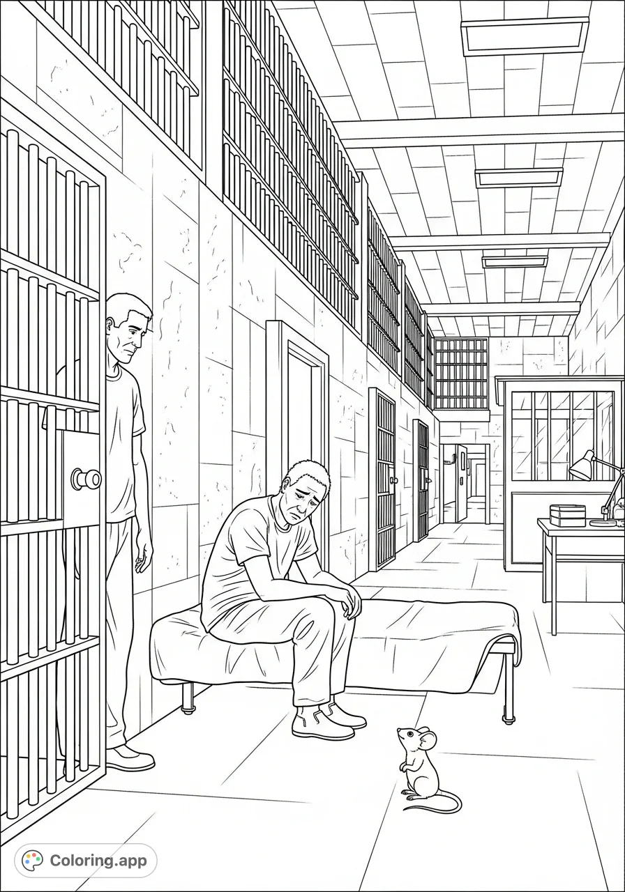 A poignant Green Mile coloring page capturing Paul Edgecomb, John Coffey, and Mr. Jingles in the iconic E Block cell block, reflecting somber moments.