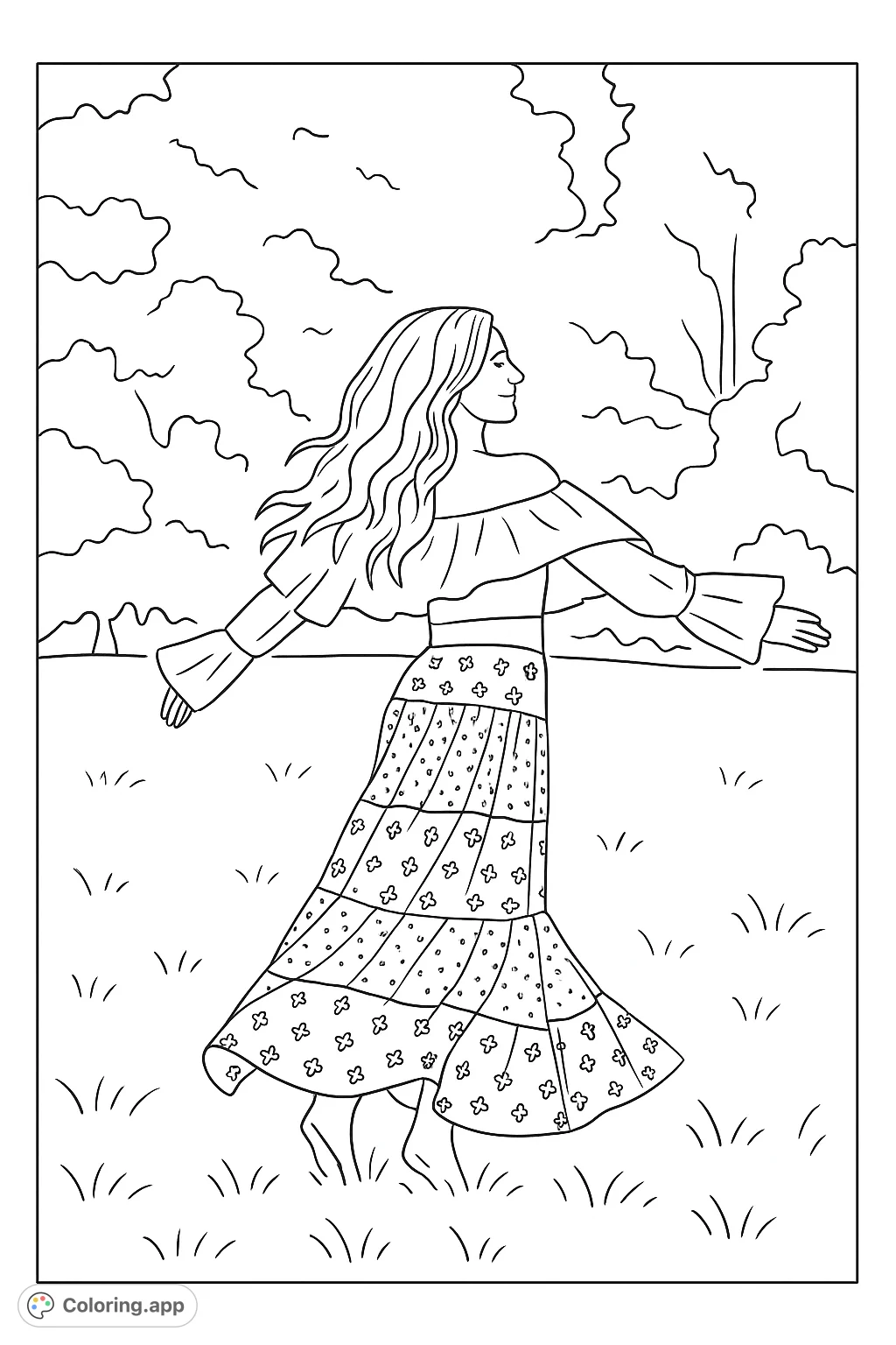 A free printable boho field dance coloring page for kids and adults. Features a woman in a flowing skirt and ruffled top, dancing in a meadow.