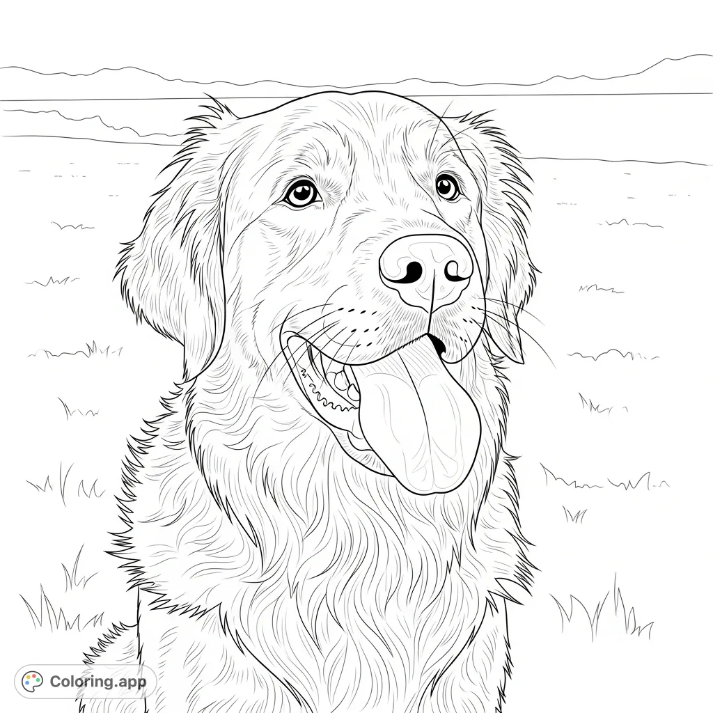 Capture the joyful spirit of a happy adult golden retriever with its tongue out. A delightful free printable dog coloring page for kids and adults.
