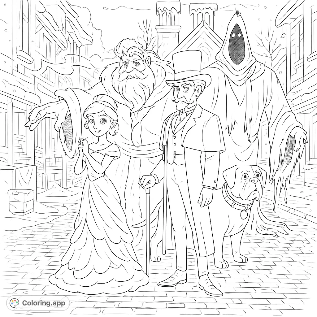Immerse yourself in a classic tale with this highly detailed Christmas Carol coloring page, featuring iconic characters in a festive, snowy street scene. Free printable fun!