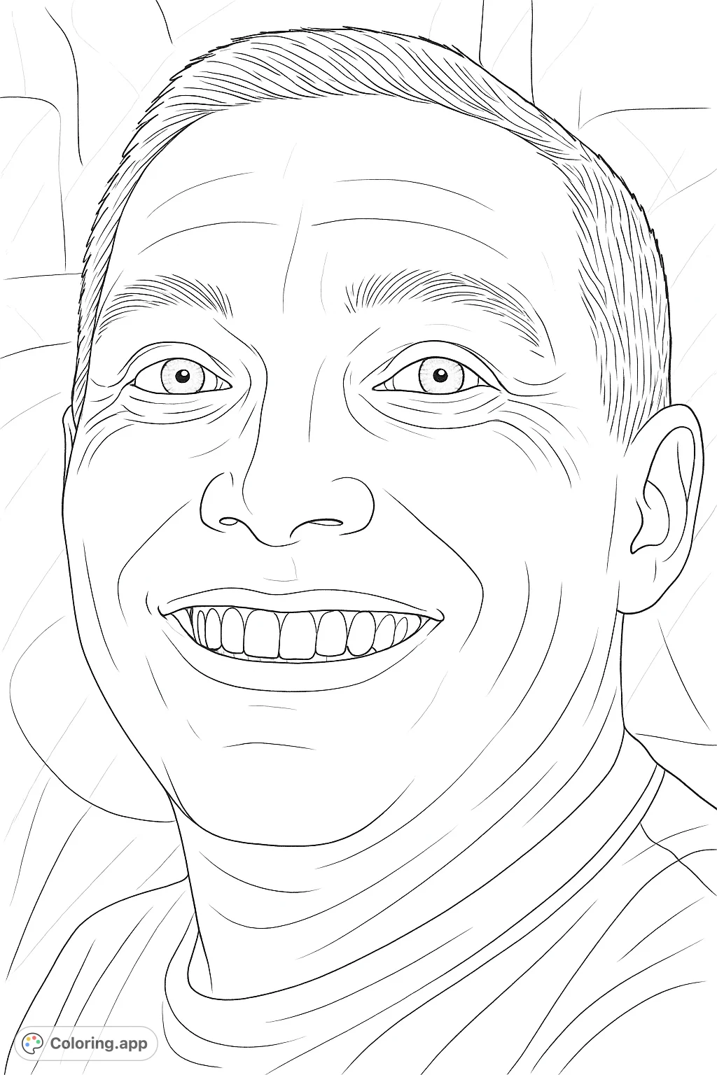 A detailed close-up of a man with a wide, cheerful smile, showcasing expressive facial features and a friendly demeanor. Perfect for a portrait coloring page.