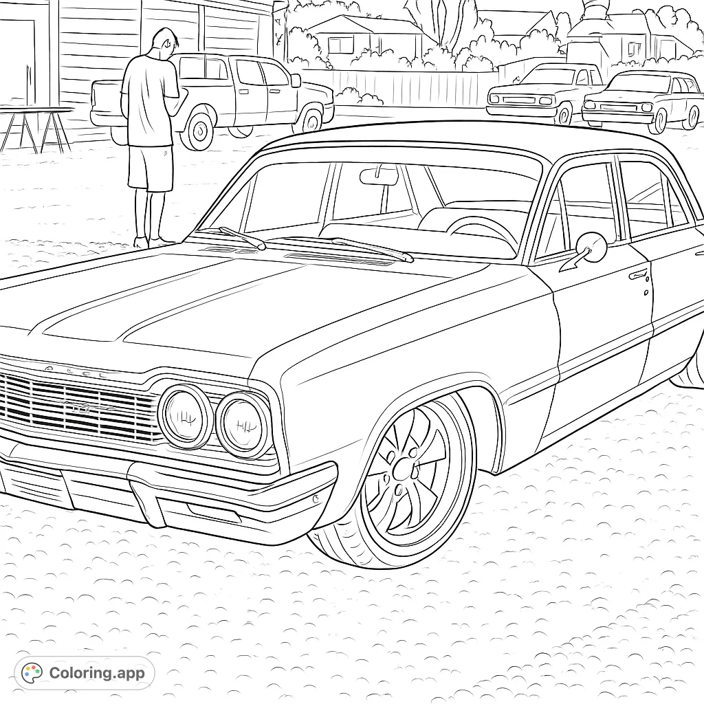 A striking classic American sedan with custom wheels takes center stage, complemented by a pickup truck and rural setting. Perfect for car enthusiasts.