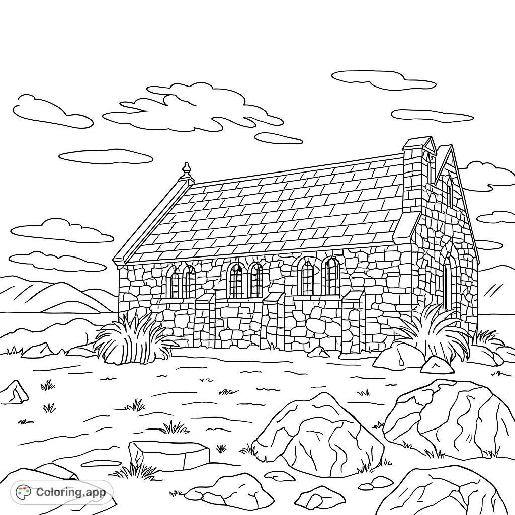 Color a beautiful historic stone church nestled in a serene landscape with distant mountains and a vast sky. Perfect for architecture and nature lovers.
