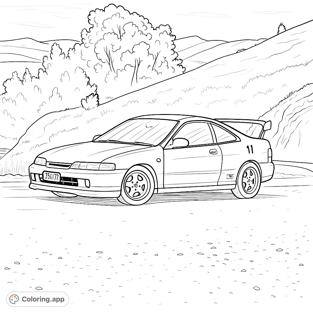 Color a detailed performance coupe with a large rear wing on a winding road, set against a backdrop of rolling hills and open skies. Perfect for car enthusiasts!