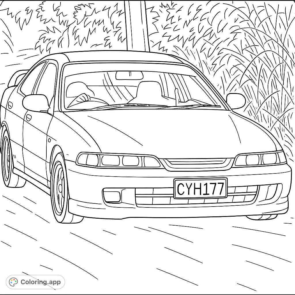 Capture the dynamic lines of a sleek sport coupe. Ideal for car enthusiasts, offering detailed elements like headlights, grille, and wheels for coloring fun.