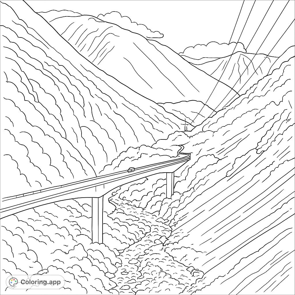 Explore a majestic mountain valley with a sweeping bridge, rocky river, and towering peaks. Perfect for a scenic landscape coloring page.