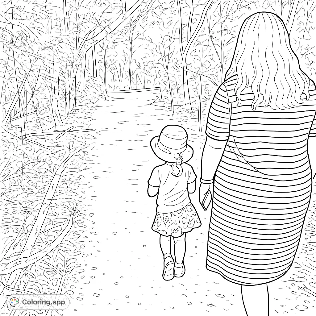 Embark on a serene woodland path adventure with an adult and child. This charming scene offers a calming escape into nature, perfect for imaginative coloring.