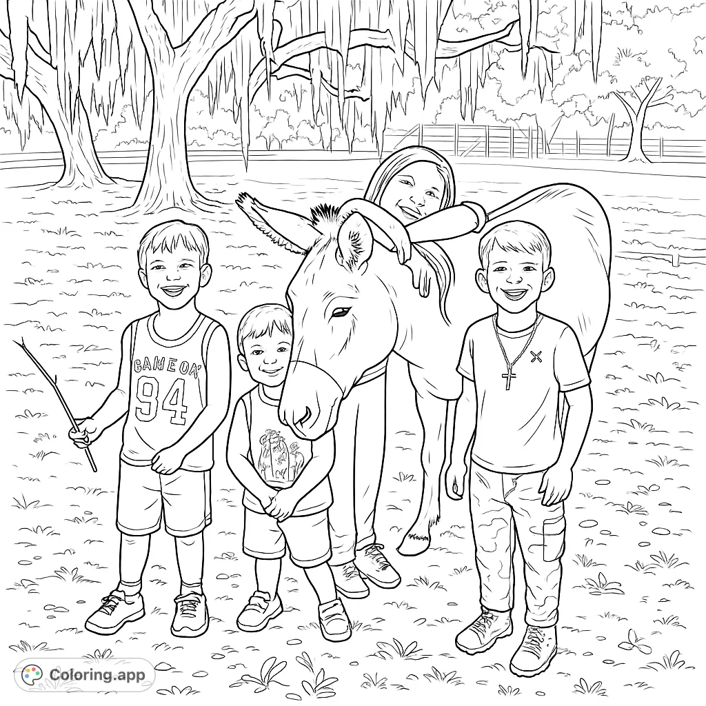 Join four cheerful children and their gentle donkey friend for a heartwarming outdoor adventure. This charming scene offers delightful details for a relaxing coloring experience.