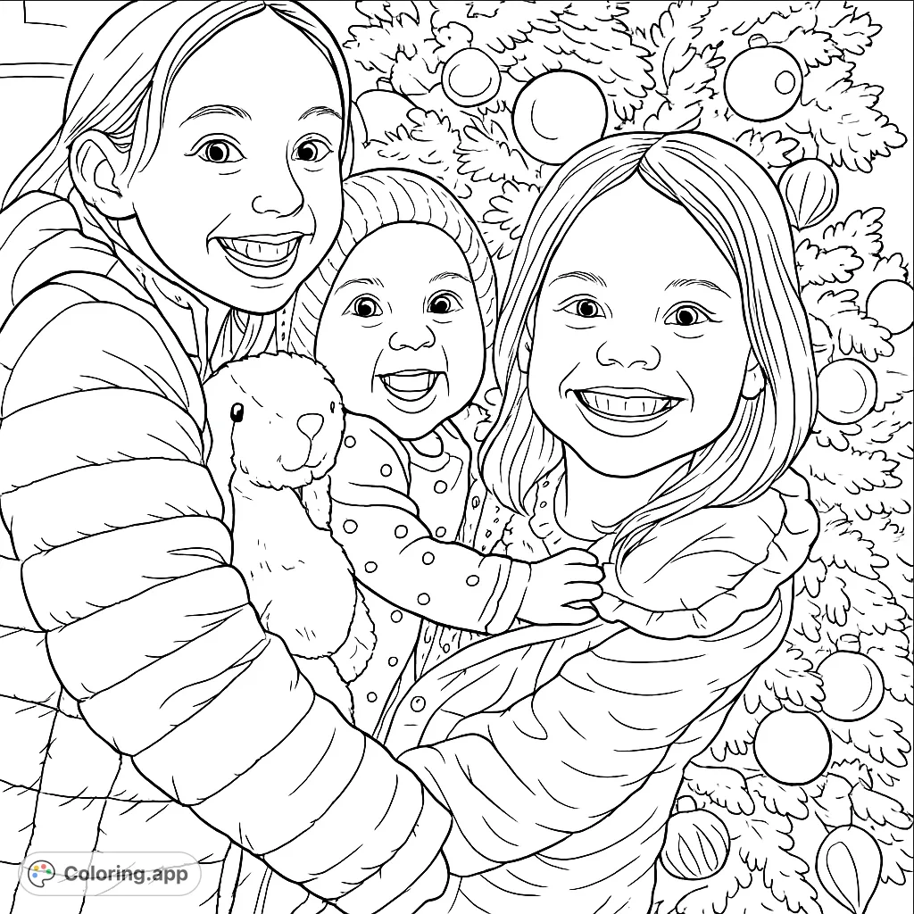 Capture the heartwarming embrace of three smiling children by a festive tree. A joyful scene perfect for celebrating family bonds and holiday cheer.