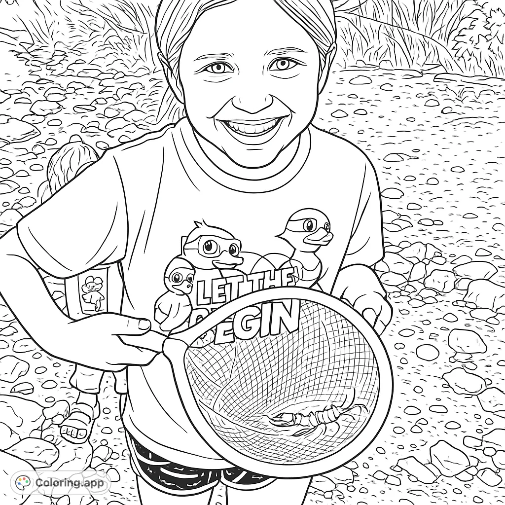 Explore nature with this delightful coloring page featuring a happy child holding a fishing net with their river finds. Perfect for young adventurers!