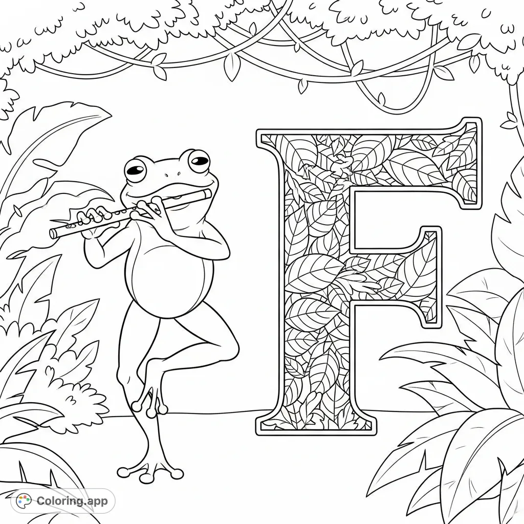A whimsical frog plays a flute and dances happily beside a decorative letter 'F' in a vibrant jungle setting. Perfect for a free printable coloring page.