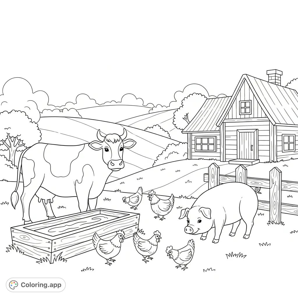 Explore a delightful farm scene with friendly farm animals, a rustic farmhouse, a sturdy fence, and a water trough. A perfect free printable coloring page for animal lovers!