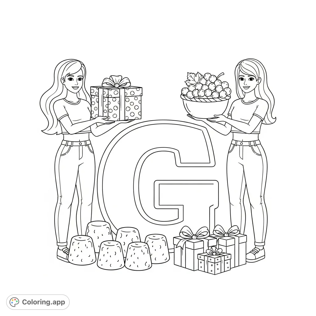 Two girls in crop-tops offer gifts, grapes, and gumdrops to a decorative letter G. A delightful scene for creative coloring and letter learning.