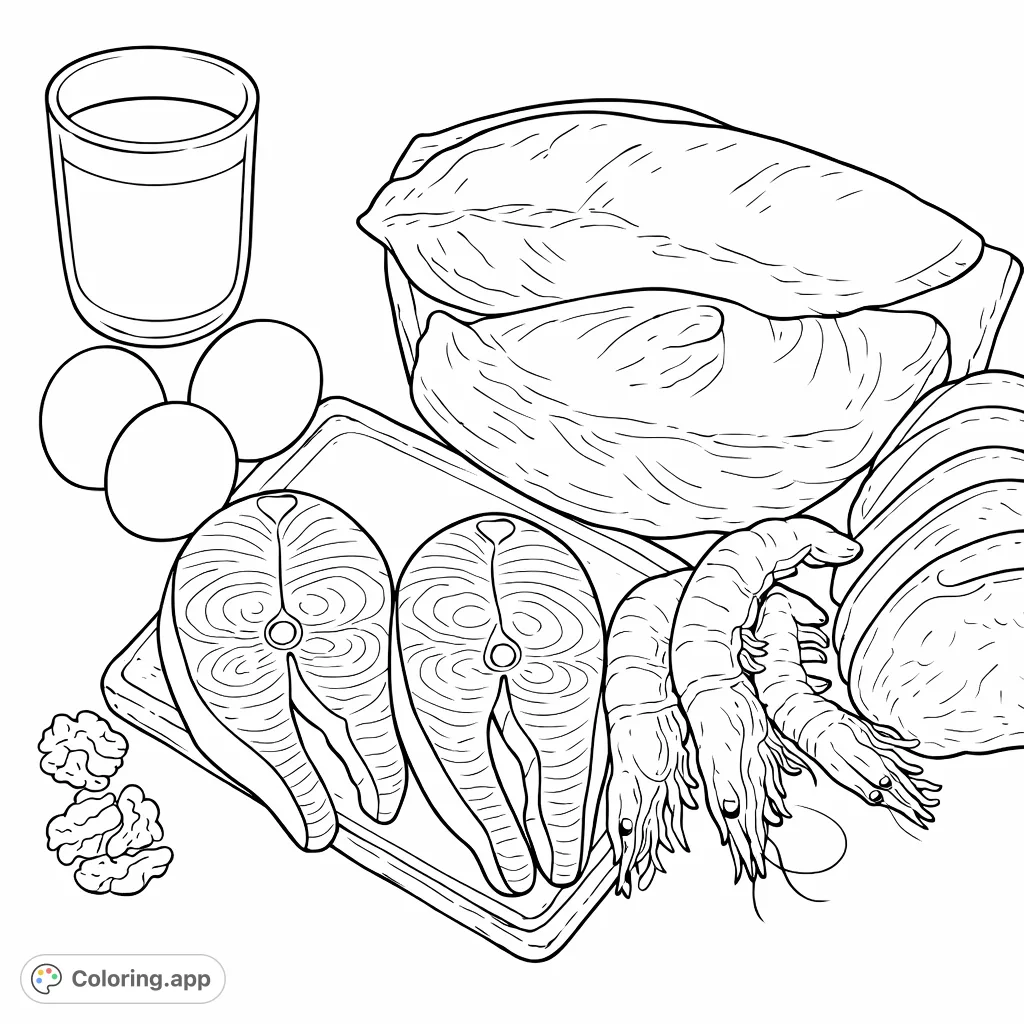 A diverse spread of protein sources: chicken, beef, salmon, shrimp, eggs, milk, and walnuts, perfect for learning about nutritious foods.