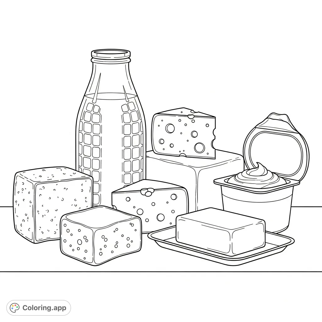 A realistic dairy products coloring page featuring milk, various cheeses, butter, and yogurt in a charming still life arrangement. Perfect for food enthusiasts.