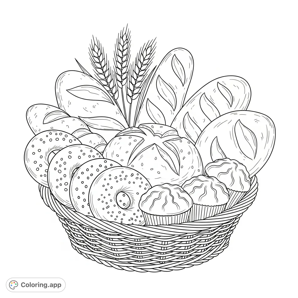 A delightful bread basket brimming with freshly baked bread, bagels, and muffins, accented by elegant wheat stalks, ready for coloring.