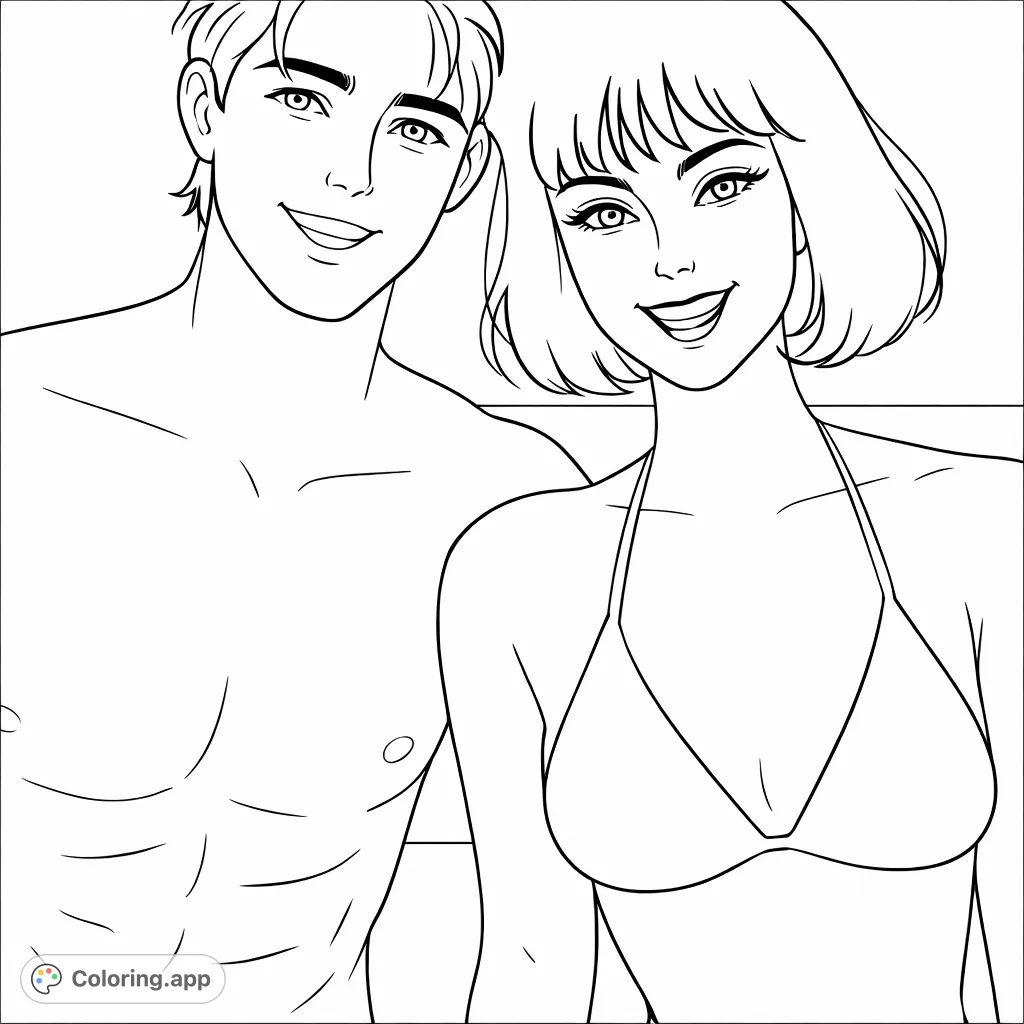 A joyful couple smiles brightly at the beach, ready for a sunny day. This engaging coloring page captures a happy moment for all ages.