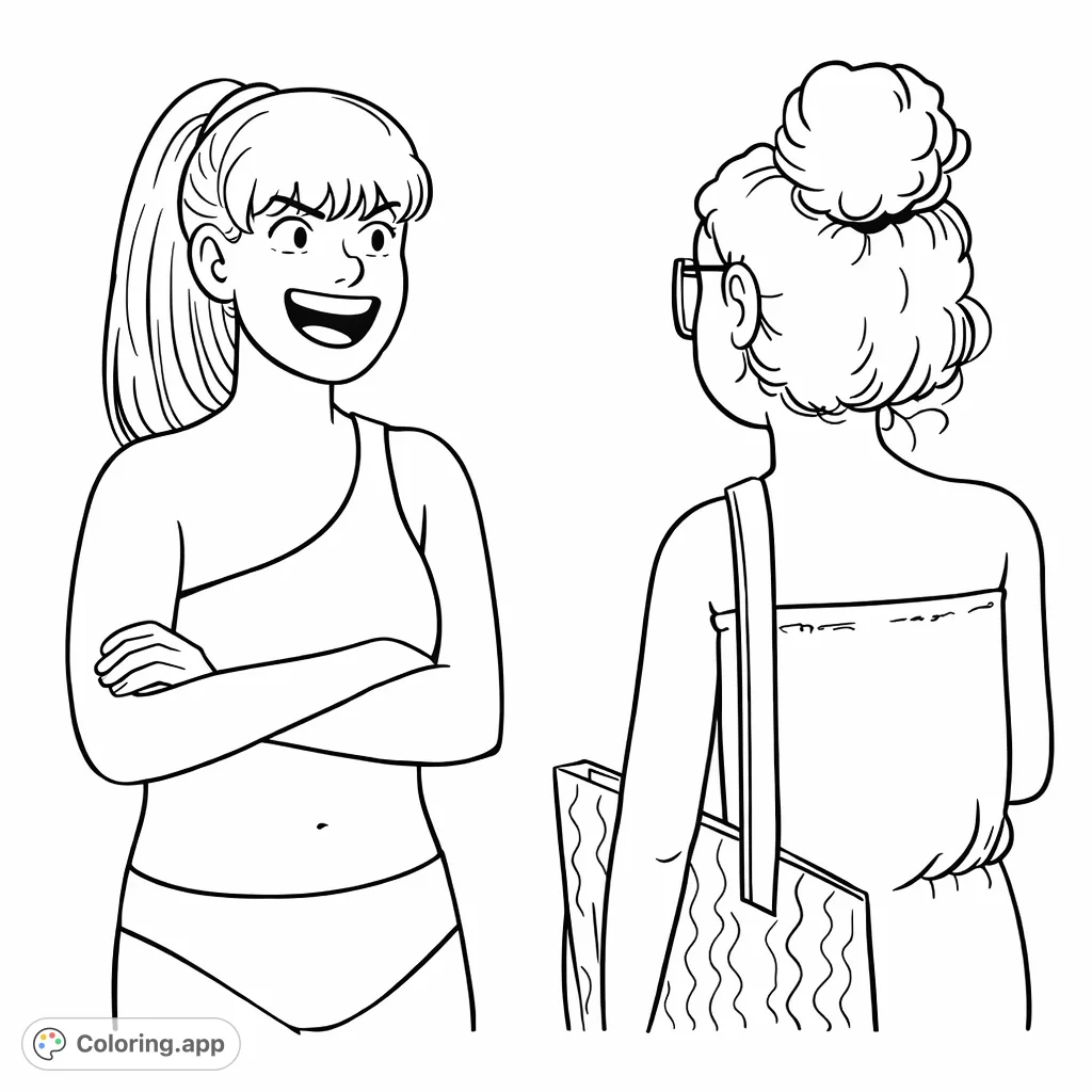 Two friends enjoying a casual conversation, one in a swimsuit, the other with a beach bag. A perfect summer scene to personalize.