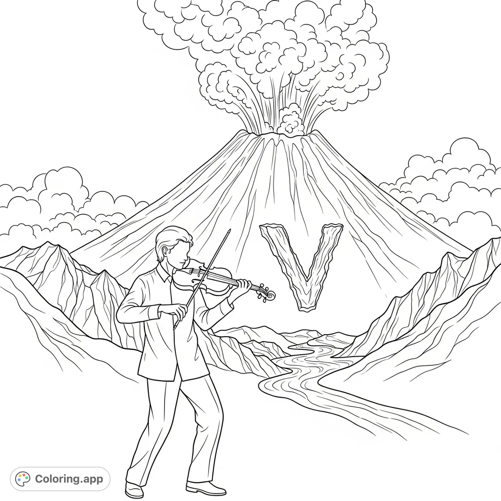 A dramatic coloring page featuring a violinist performing before a smoking volcano, with a distinctive 'v' shape in the landscape. Explore musicality and raw nature.