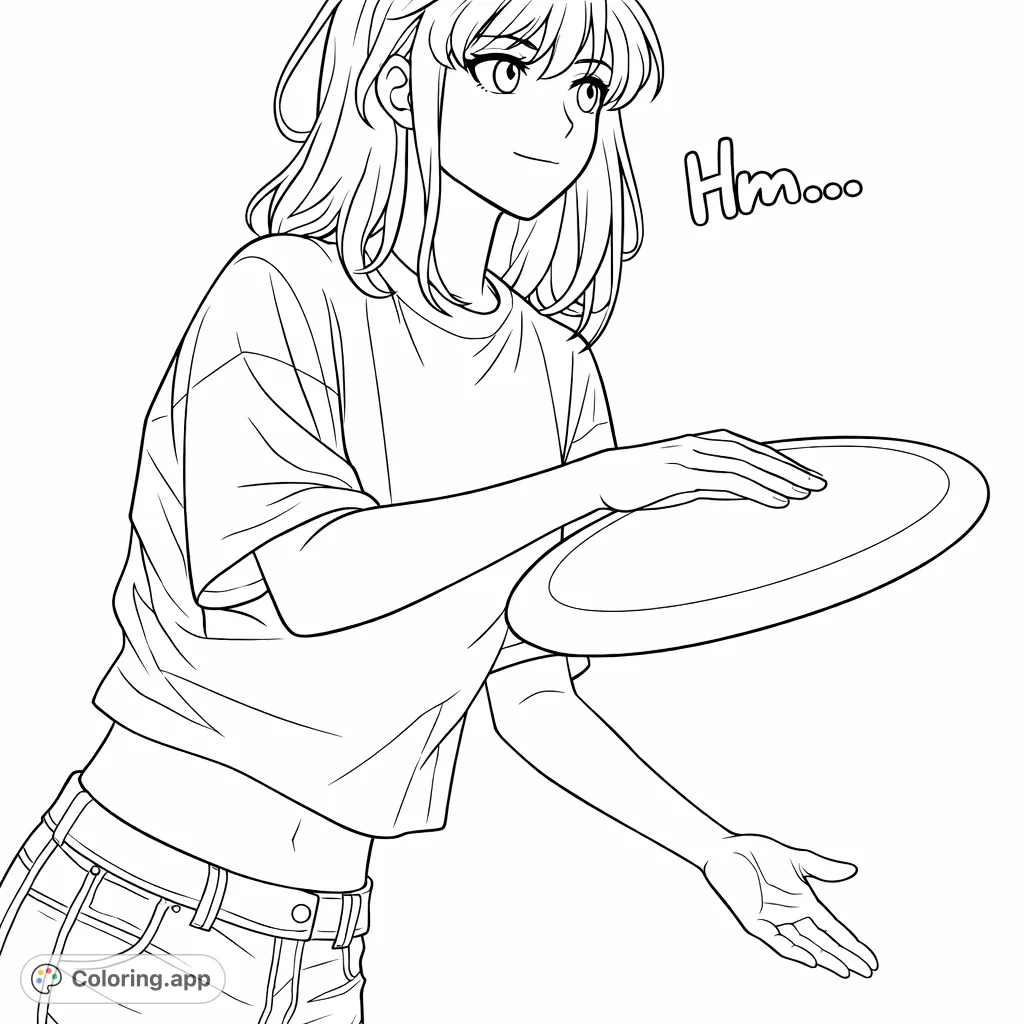 A cheerful young woman holding a frisbee, ready for a fun day outdoors. A perfect anime-style free printable coloring page for enthusiasts.