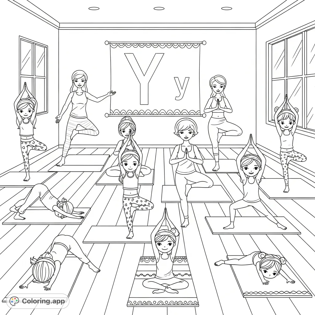Engage with this delightful yoga coloring page featuring girls practicing poses with teachers, alongside the uppercase and lowercase letters Y and y for educational fun.