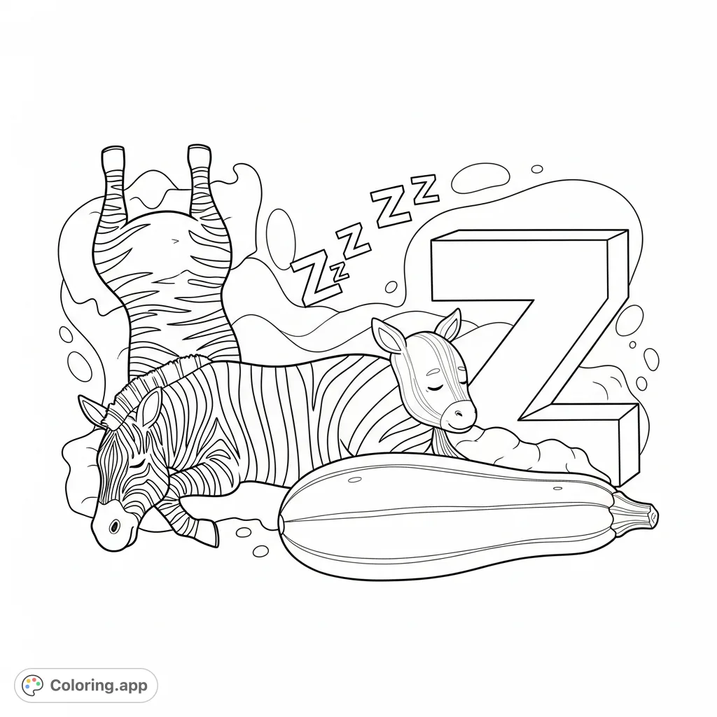 Discover a unique, sleepy world where a zebra, a zucchini, and even the letter Z are all catching z's. A fun and whimsical coloring page for all ages!