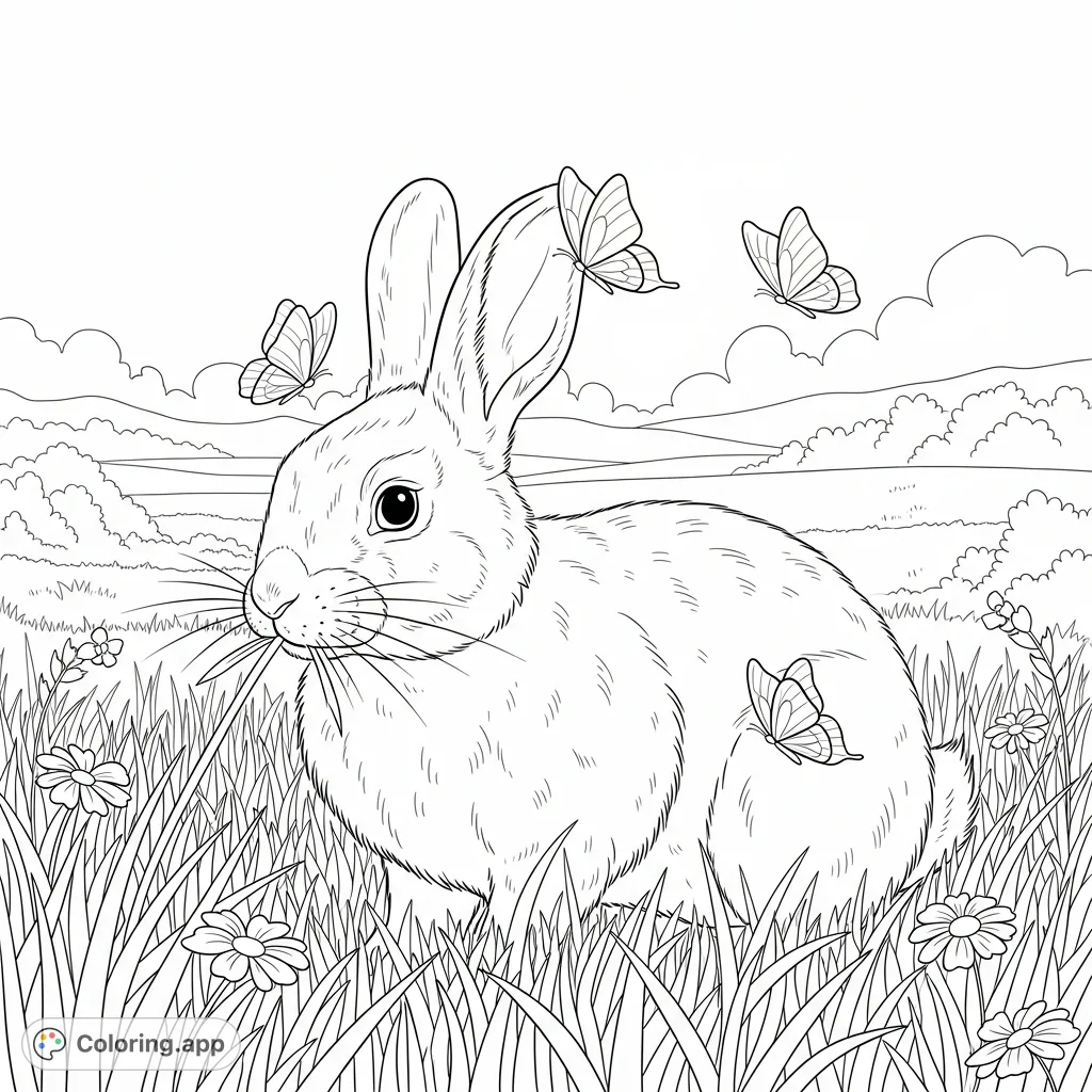 A sweet rabbit nibbles grass in a sunny field, surrounded by fluttering butterflies. A delightful animal coloring page for tranquil creativity.