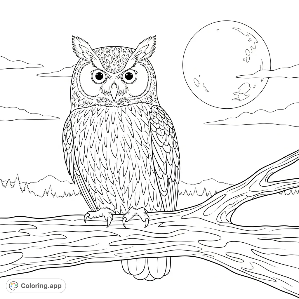 An enchanting owl perches under a luminous moonlit sky, inviting colorists to bring this serene nocturnal scene to life on this free printable coloring page.
