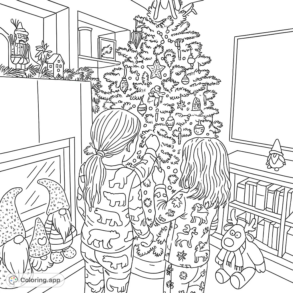 Two children, viewed from behind, add ornaments to a grand, festive tree, surrounded by holiday decorations, evoking warmth and togetherness.