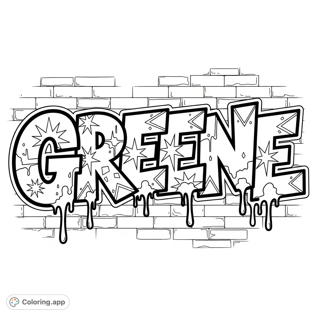 A dynamic "Greene" graffiti coloring page featuring bold, stylized letters with drips and intricate patterns against a textured brick wall. Perfect for creative expression!