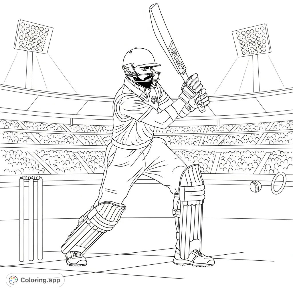 Color Virat Kohli in his iconic batting pose on an IPL cricket pitch. A dynamic scene with stadium elements for sports fans to enjoy.