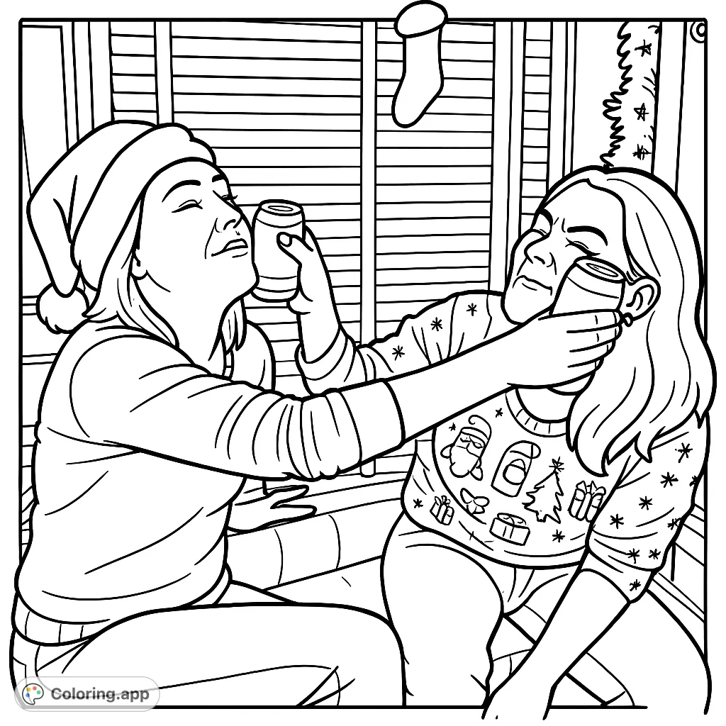 Capture the festive spirit with this Christmas fun coloring page, featuring two friends sharing a humorous holiday moment. Perfect for adults.