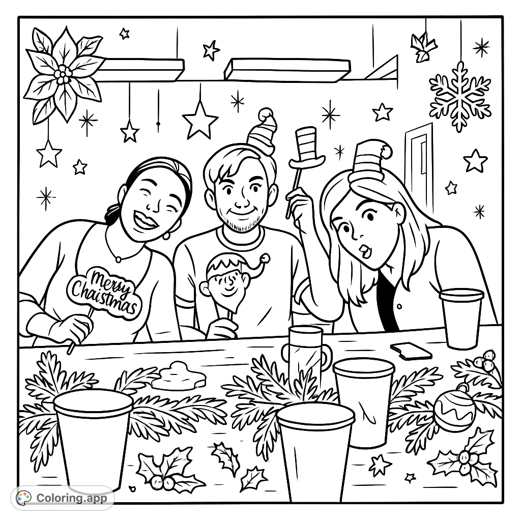 Join a group of friends celebrating with festive props and seasonal cheer. This fun Christmas coloring page invites creativity and holiday spirit for all ages.