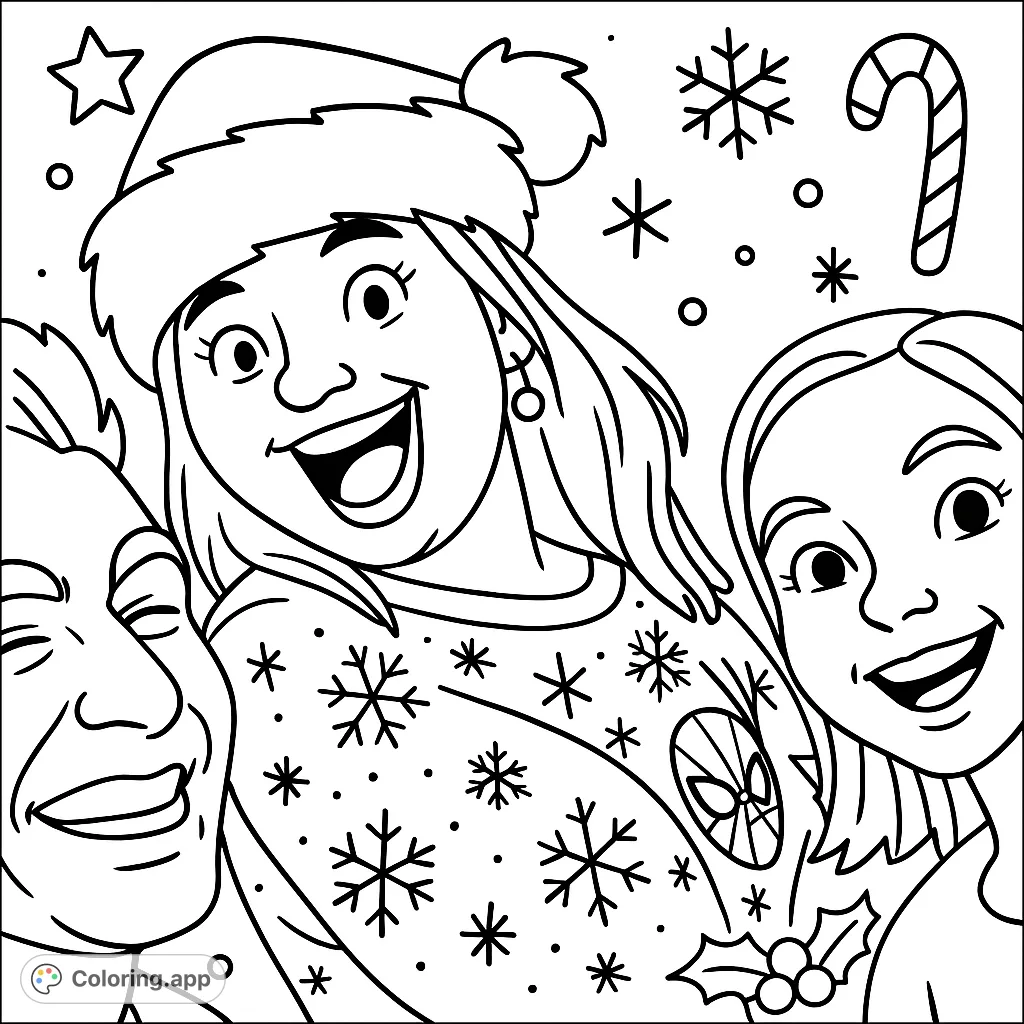 Capture the joy of the holidays! A cartoony coloring page featuring three cheerful friends in festive attire, perfect for spreading seasonal cheer with bold outlines.
