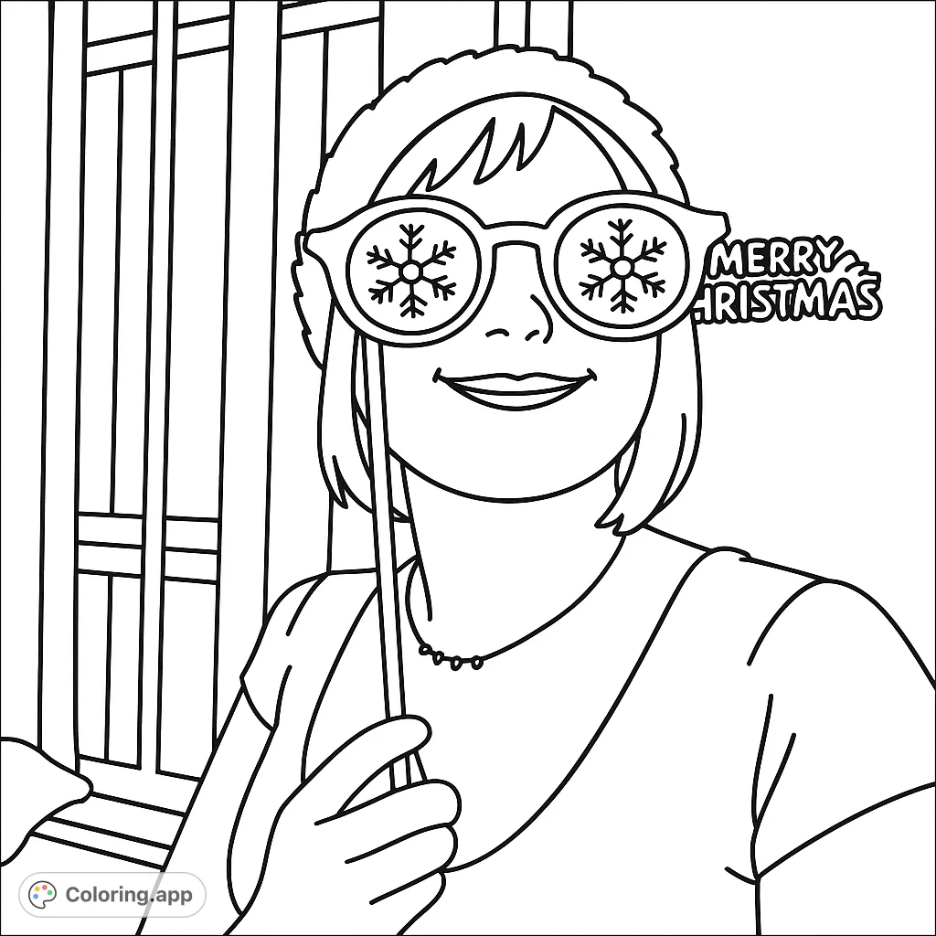 Get into the festive spirit with this fun Christmas coloring page! Features a person wearing a Santa hat and playful snowflake glasses. A free printable coloring page.
