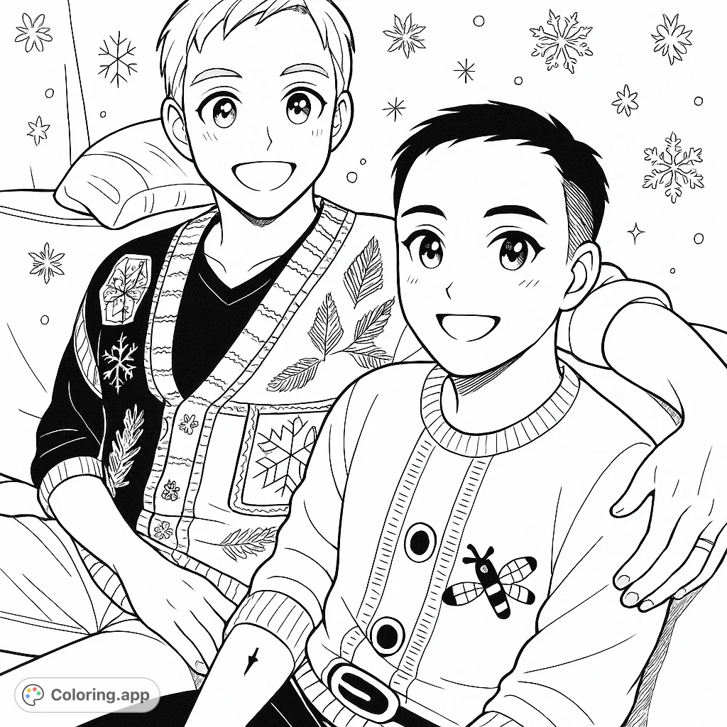 Celebrate togetherness with this festive sweater coloring page featuring two smiling friends on a cozy sofa. Perfect for adding your creative flair to holiday designs.